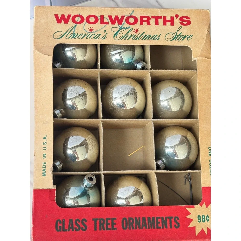 Vintage‎ Woolworths Glass Christmas Ornaments Bauble Set of 9 Silver USA Made